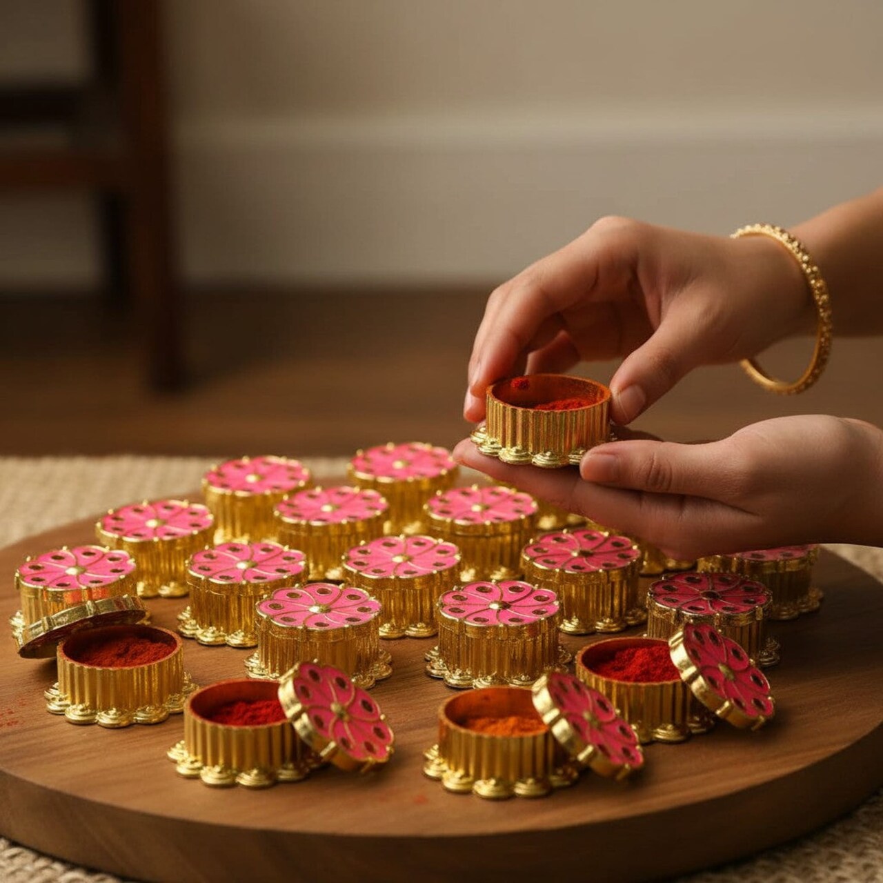 Pink Haldi Kumkum Plastic Holder 1.1 Inch Diameter x 0.5 Inch Deep – Traditional Ritual Haldi Kumkum Container Roli Chawal/Rice Holder for Weddings, Housewarming, Return Gifts, Home Decor